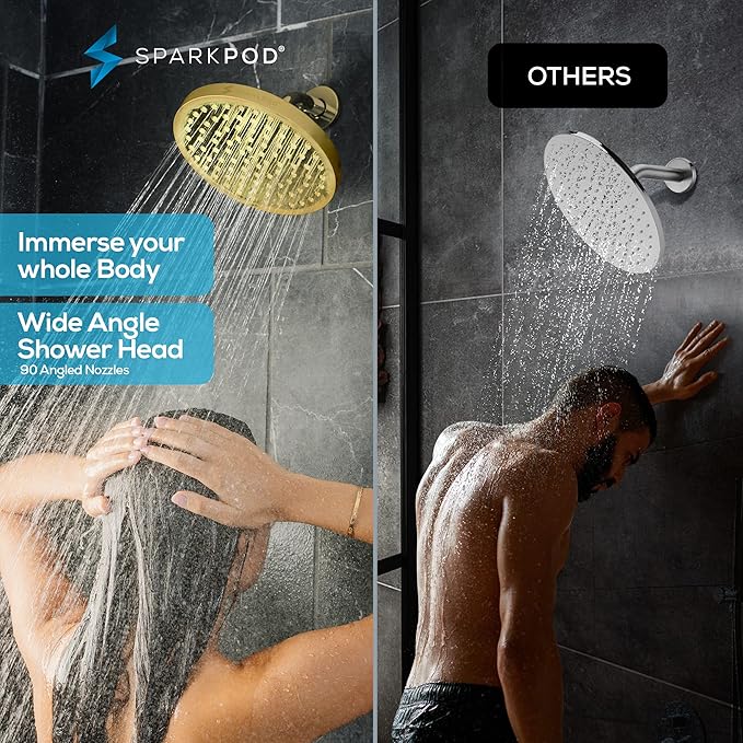 SparkPod Shower Head - High Pressure Rain - Premium Quality Luxury Design - 1-Min Install - Easy Clean Adjustable Replacement for Your Bathroom Shower Heads (Egyptian Gold, 8 Inch Round)