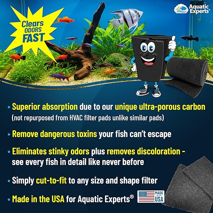 Aquarium Carbon Pad - Cut to Fit Carbon Infused Filter Pad Media for Crystal Clear Fish Tank and Ponds (18 Inch Width, 72 Inch Long)