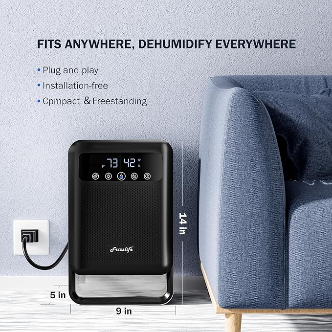 Frizzlife Air Dehumidifier, 135oz Water Tank W/Purifying Function, Quiet Small Dehumidifiers With Sleep Mode For Home, Bedroom, Bathroom, Basement W/Auto Shut Off, 7 Colors LED Light, Black