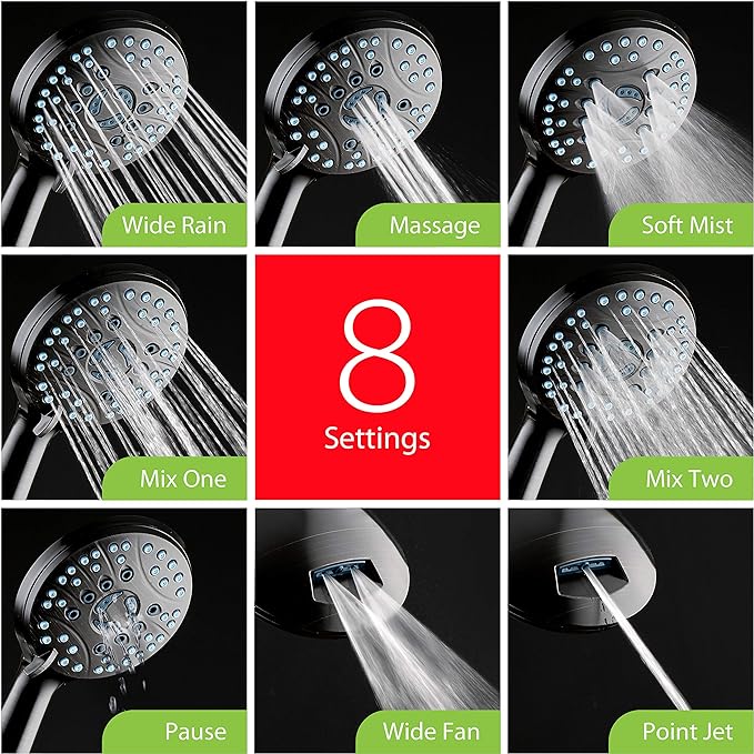 Hotel Spa AquaCare High Pressure 8-mode Handheld Shower Head, Anti-clog Nozzles - Built-in Power Wash to Clean Tub, Tile & Pets, Extra Long 6 ft. Stainless Steel Hose, Wall & Overhead Brackets