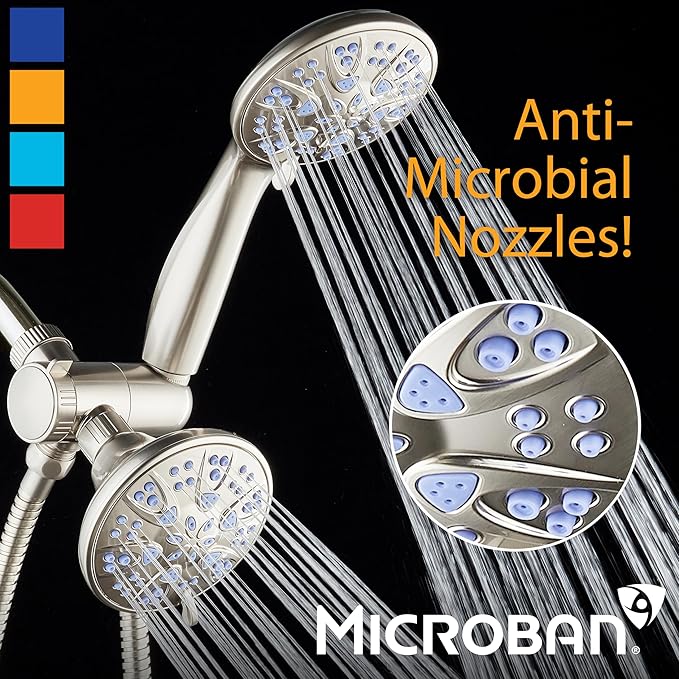 AquaDance Antimicrobial/Anti-Clog High-Pressure 30-setting Dual Head Combination Shower with Nozzle Protection from Growth of Mold, Mildew & Bacteria for a Healthier Shower – Sunset Blue