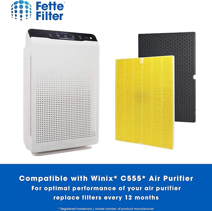 Fette Filter - 116131 H13 True HEPA Replacement Filter I Compatible with Winix Filter I for C555 Air Cleaner Includes 2 HEPA Filters + 2 Washable Enhanced Activated Carbon # 116131