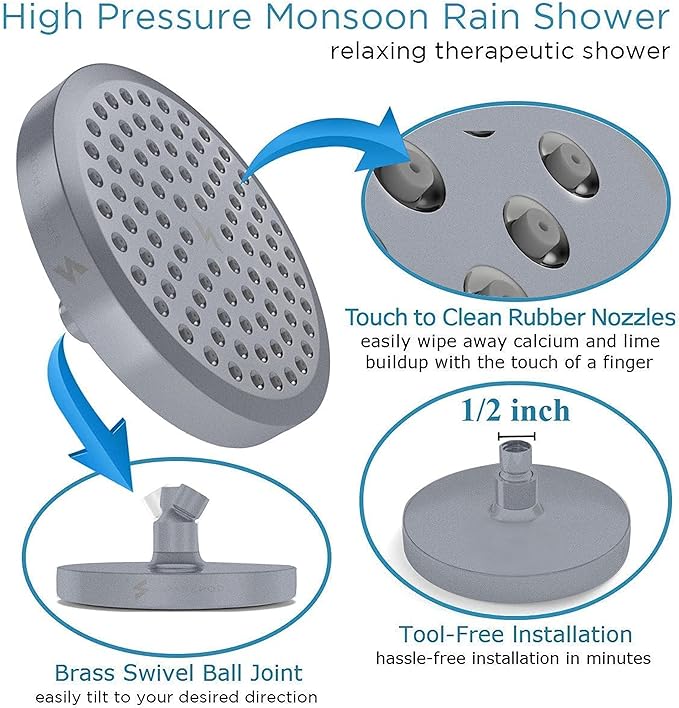 SparkPod Shower Head - High Pressure Rain - Premium Quality Luxury Design - 1-Min Install - Easy Clean Adjustable Replacement for Your Bathroom Shower Heads (Charcoal Grey, 6 Inch Round)
