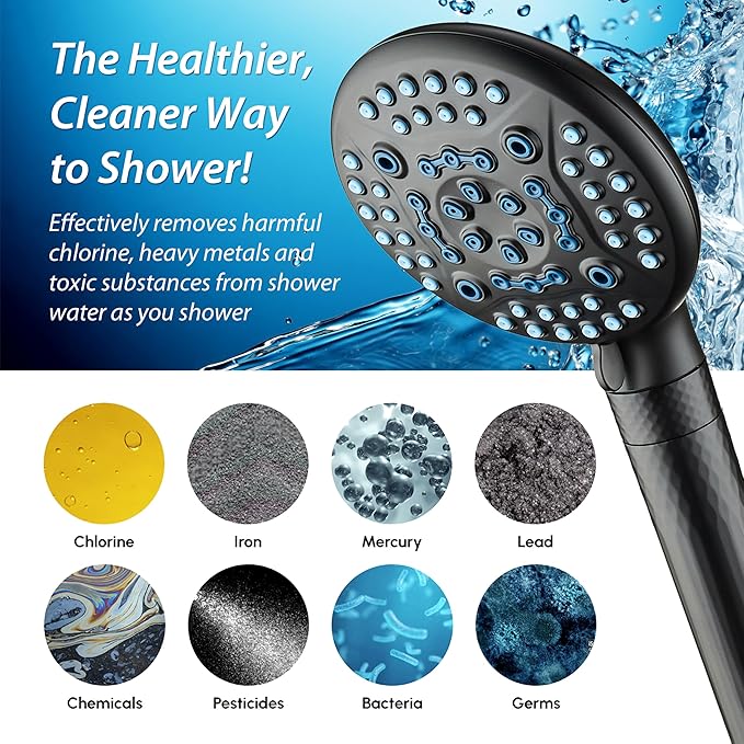 AquaCare High Pressure 6-way Dual Shower Head Combo with Built-in Filter & Power Wash - Clean Tub, Tile & Pets. Remove Chlorine, Lead & Toxins from Water to Protect Skin, Hair, & Nails. Matte Black