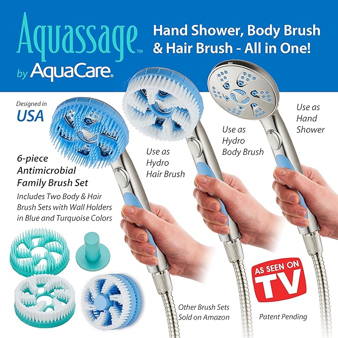 AquaCare High Pressure 6-in-1 Aquassage - 76-mode 3-way Combo, Showerhead, Hand Shower, Body Brush, Hair Brush & Arm in One! Two Brackets, Extra-long 6 foot Stainless Steel Hose, Brush Head Holder