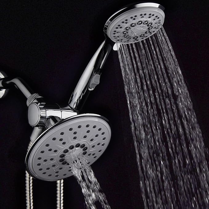 30-Setting 6 Inch Rain Shower Head with Handheld Shower Combo featuring Patented ON/OFF Pause Switch by Hydroluxe - Use Each Showerhead Separately or Both Together! Premium Chrome Finish