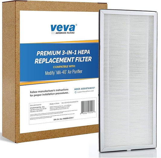 Veva HEPA Filter Replacements Compatible with Medify MA-40 Home Air Purifier - Captures 99.97% of Particles, 3-in-1 Replacement Filters, Honeycomb Carbon, Charcoal Activated Cleaner