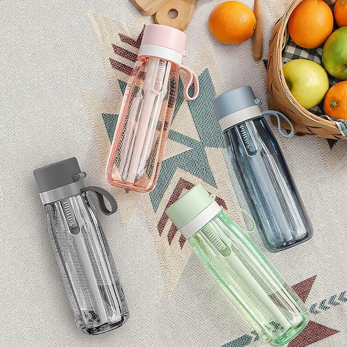 PHILIPS Filtered Water Bottle, BPA-Free Tritan Plastic Water Bottles, Replaces 450 Plastic Water Bottle with Reusable GoZero Everyday Water Filter, Portable Filtering Bottle for Travel, 22 oz, Pink