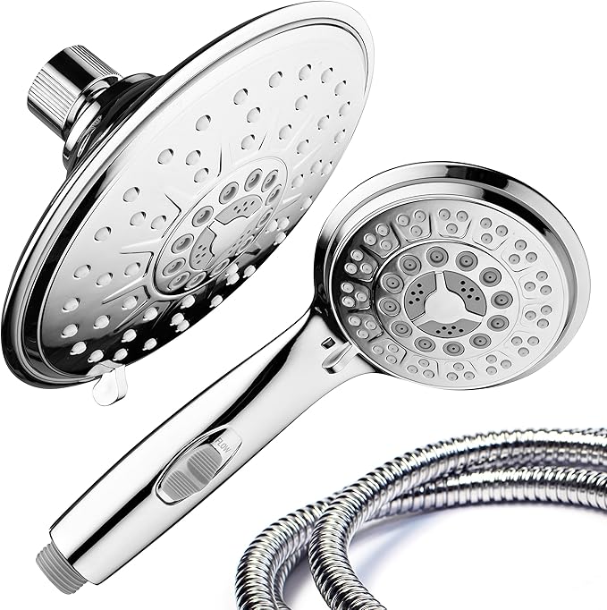 30-Setting Ultra-Luxury 6 inch Rainfall Shower Head & Handheld 3-way Combo with Water Saving Pause Switch and Stainless Steel Hose/Enjoy Separately or Together! Premium All Chrome Finish