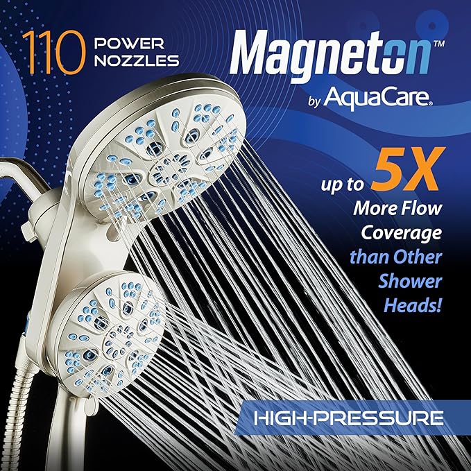 AquaCare Magneton High-Pressure 48-mode Luxury 3-way Combo System with Magnetic Guidance Docking, Giant Rain & Handheld Shower Head, Hygienic Jets and 6 ft. Stainless Steel Hose, Satin Nickel