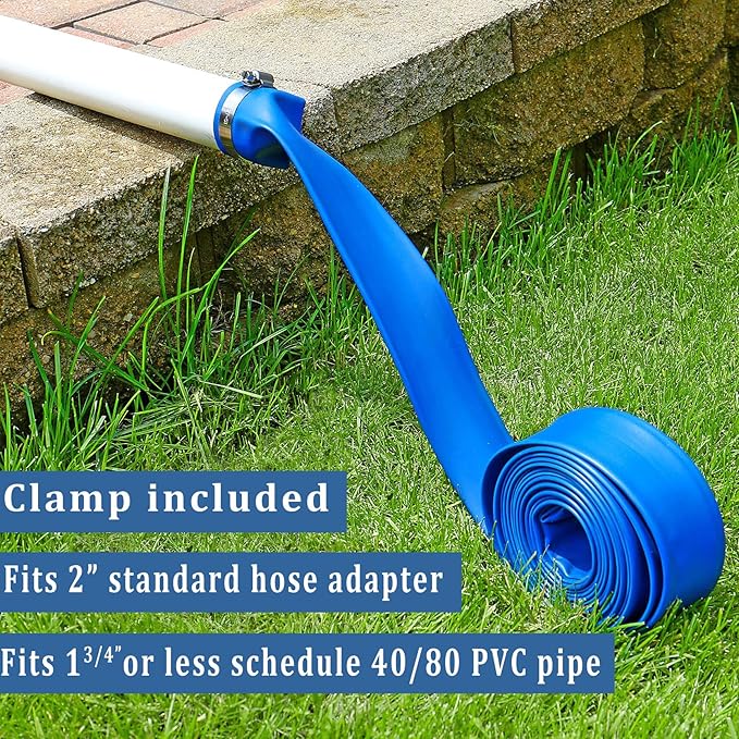Pool Backwash Hose 2 inch × 100 ft Thicken Blue Water Discharge Pipe Lay Flat Tubing Hose for Backwash Pool Filter, Drain Pool Pond Water (2in-100ft)