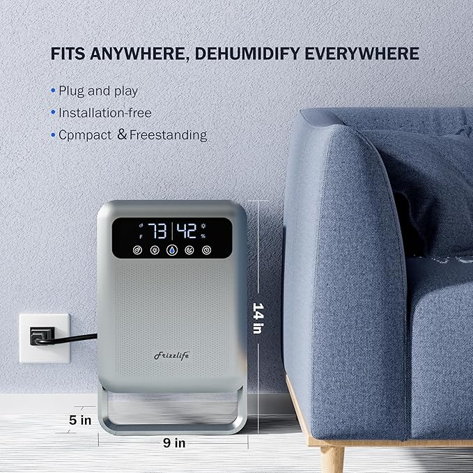 Frizzlife Air Dehumidifier, 135oz Water Tank W/Purifying Function, Quiet Small Dehumidifiers With Sleep Mode For Home, Bedroom, Bathroom, Basement W/Auto Shut Off, 7 Colors LED Light, Gray