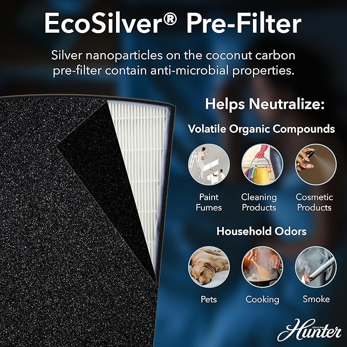 Hunter HP800 Air Purifiers for Home Large Room and Bedroom. True HEPA Air Purifier for Pets, Odors, Allergens, Smoke, Dust, VOC's. Value Bundle w/Extra Filter. Cleans 2585 Ft² per hour. Graphite