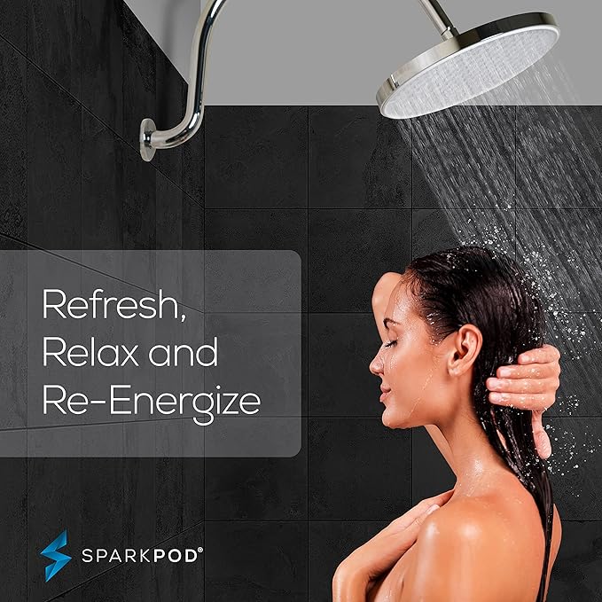 SparkPod 10 Inch Round Rain Shower Head - Ceiling or Wall Mount Rainfall Shower Head - Large Coverage Showerhead - Brass Ball Joint with 360° Adjustment - 1-Min Install (Chrome and White)