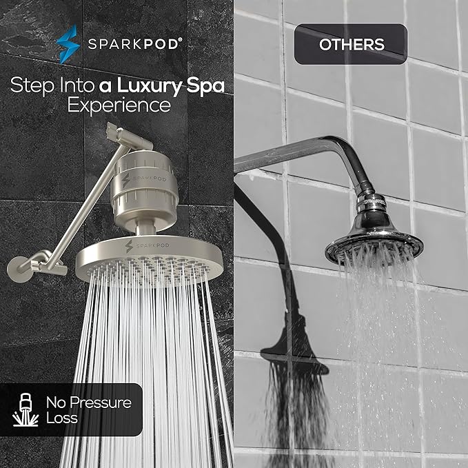 SparkPod 6" High Pressure Rain Shower Head with 23 Stage Filter Capsule & 11 Inch Adjustable Shower Arm Extension - Shower Filter Reduces Chlorine for Smoother Hair & Skin (Round, Brushed Nickel)