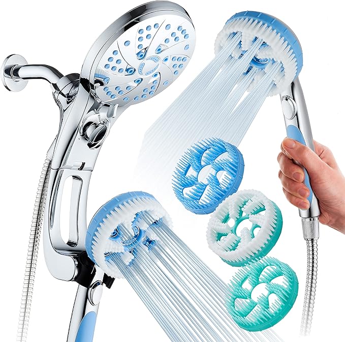 Hotel Spa AquaCare High Pressure 6-in-1 Aquassage - 76-mode 3-way Combo, Showerhead, Hand Shower, Body Brush, Hair Brush & Arm in One Two Brackets, Extra-long 6 foot Stainless Steel Hose
