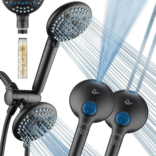 AquaCare High Pressure 6-way Dual Shower Head Combo with Built-in Filter & Power Wash - Clean Tub, Tile & Pets. Remove Chlorine, Lead & Toxins from Water to Protect Skin, Hair, & Nails. Matte Black