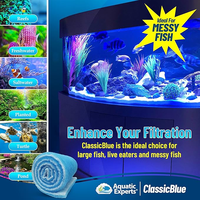 Aquatic Experts Classic Bonded Aquarium Filter Pad -18 Inches by 72 Inches by .75 Inch - Blue and White Aquarium Filter Media Roll Bulk Can Be Cut to Fit Most Filters, Made in USA (18" x 72")