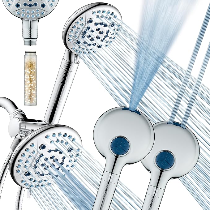 AquaCare High Pressure 6-way Dual Shower Head Combo with Built-in Filter & Power Wash - Clean Tub, Tile & Pets. Remove Chlorine, Lead & Toxins from Water to Protect Skin, Hair, & Nails. Chrome Finish