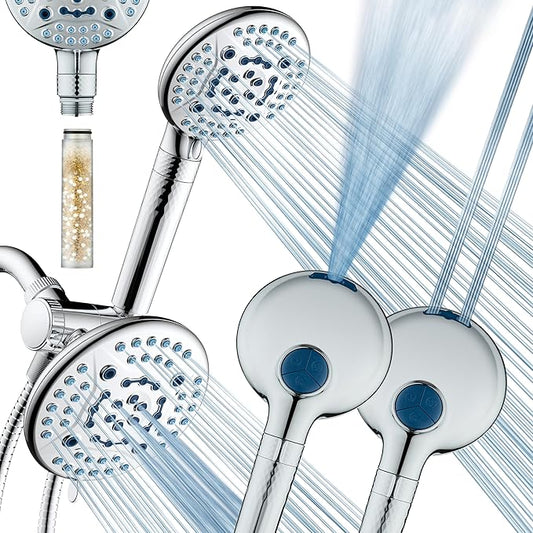 AquaCare High Pressure 6-way Dual Shower Head Combo with Built-in Filter & Power Wash - Clean Tub, Tile & Pets. Remove Chlorine, Lead & Toxins from Water to Protect Skin, Hair, & Nails. Chrome Finish