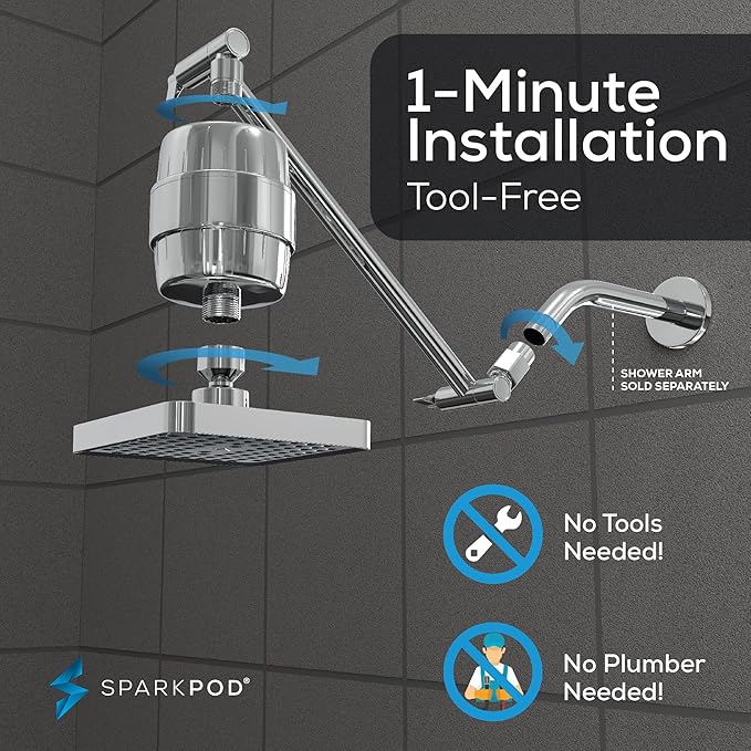 SparkPod 6" High Pressure Rain Shower Head with 23 Stage Filter Capsule & 11 Inch Adjustable Shower Arm Extension -Shower Filter Reduces Chlorine for Smoother Hair & Skin (Square, Polished Chrome)