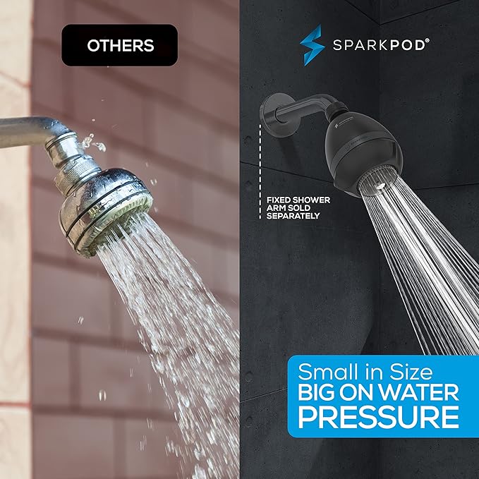 SparkPod 3-Inch Extreme High Pressure Shower Heads - Pressure Boosting with Rain, Massage & Pulsating Mode, Powerful Water-Saving Showerhead - 2.5 GPM Fixed Shower Head (Midnight Black Matte)