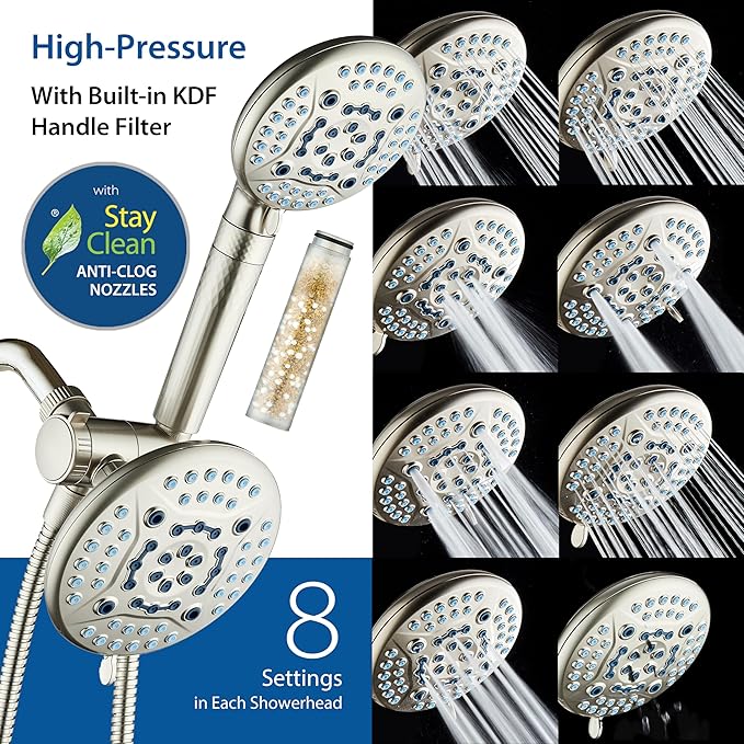 AquaCare High Pressure 6-way Dual Shower Head Combo with Built-in Filter & Power Wash - Clean Tub, Tile & Pets. Remove Chlorine, Lead & Toxins from Water to Protect Skin, Hair, & Nails. Nickel Finish