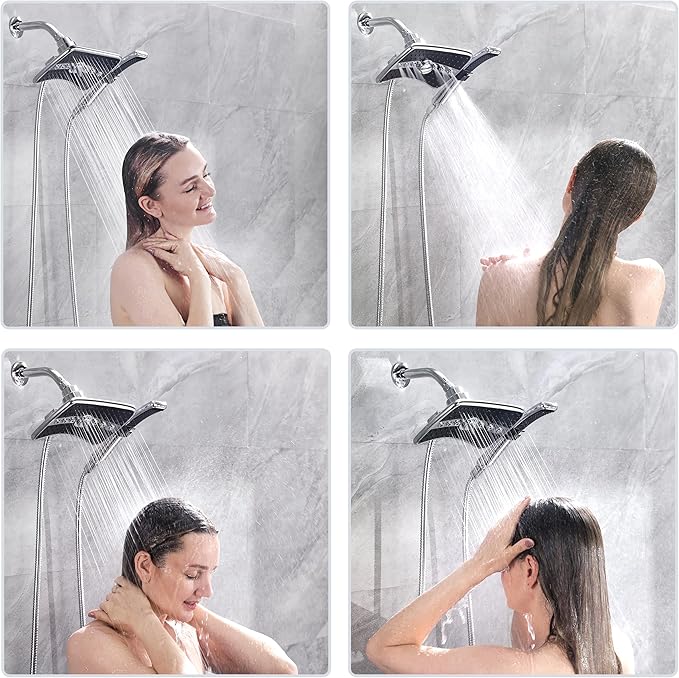 BRIGHT SHOWERS High Pressure Dual Shower Head Combo, Handheld Showerhead Rainfall Shower Head Set with Black Face, 60 Inch Long Stainless Steel Shower Hose, Chrome
