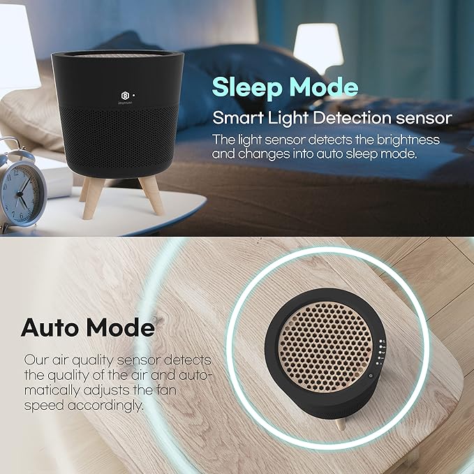 M-002B HEPA Air Purifier with H13 True HEPA Filter, Cypress Wood Filter, Auto Sleep Mode, Filters 99.97% Pollen, Smoke, Perfect for Office and Bedroom, Made in Korea - Black