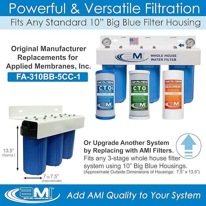 Applied Membranes Inc. 3-Stage Whole-House Water Filter Cartridge Replacements, Includes 10-Inch Sediment, Carbon, and Lead Filter Cartridges