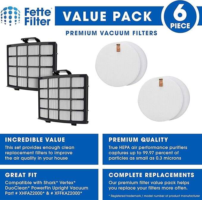 Fette Filter - AZ2002 Complete Filter Kit Compatible with Shark Vertex DuoClean PowerFin Upright Vacuum AZ2000 AZ2002 AZ2000W Compare to Part # XHFAZ2000 & XFFKAZ2000 (2 Hepa & 2 Foam Sets)