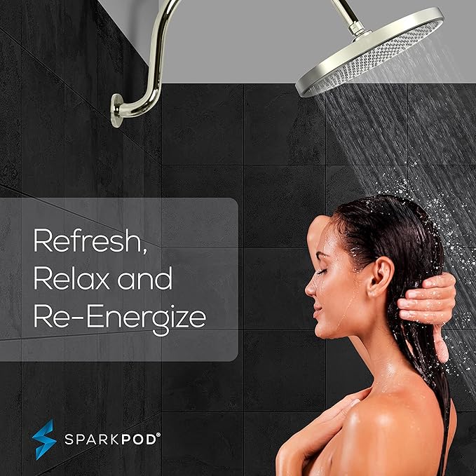 SparkPod 10 Inch Round Rain Shower Head - Ceiling or Wall Mount Rainfall Shower Head - Large Coverage Showerhead - Brass Ball Joint with 360° Adjustment - 1-Min Install (Elegant Brushed Nickel)