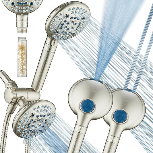 AquaCare High Pressure 6-way Dual Shower Head Combo with Built-in Filter & Power Wash - Clean Tub, Tile & Pets. Remove Chlorine, Lead & Toxins from Water to Protect Skin, Hair, & Nails. Nickel Finish