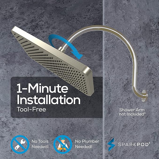 SparkPod 12 Inch Rectangle Rain Shower Head - Ceiling or Wall Mount Rainfall Shower Head - Large Coverage Showerhead - Brass Ball Joint with 360° Adjustment - 1-Min Install (Elegant Brushed Nickel)