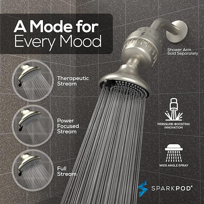 SparkPod 23-Stage Filtered Shower Head with 3 Spray Settings - High Pressure Shower Head with Filters for Dry Hair and Skin - Showerhead with Filter Reduces Chlorine & Heavy Metals (Brushed Nickel)