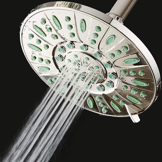 AquaDance 7-inch 6-Setting Rainfall Showerhead with Anti-Microbial Microban Protection from Mold, Mildew, and Bacteria - Clog-Free, Brushed Nickel Finish/Coral Green Jets