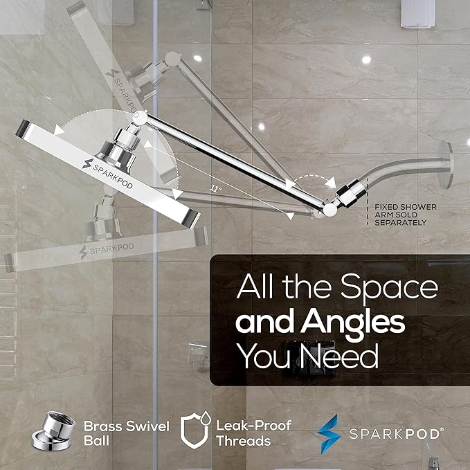 SparkPod Square Rain Shower Head with Shower Head Extension Arm - High Pressure Rain - Luxury Modern Look - No Hassle Tool-less 1-Min Installation (11" Shower Arm Extension, Luxury Polished Chrome)