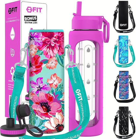 FIT Strong & Healthy 32 oz Glass Water Bottle with Straw Lid, Time Marker, Sleeve & Extra Lid - Motivational, Wide Mouth 1 Liter Glass Drinking Bottle