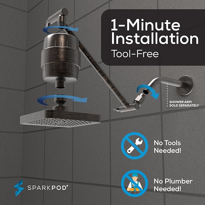 SparkPod 6" High Pressure Rain Shower Head with 23 Stage Filter Capsule & 11 Inch Adjustable Shower Arm Extension - Shower Filter Reduces Chlorine for Smoother Hair & Skin (Square, Oil-Rubbed Bronze)