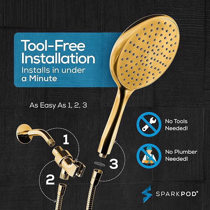 SparkPod High Pressure Handheld Shower Head with Hose - Huge 6-Inch Rainfall Shower Head, Extra Long 6ft. Hose & Adjustable Bracket- Luxury Showerheads- 1-Min Installation (Egyptian Gold)