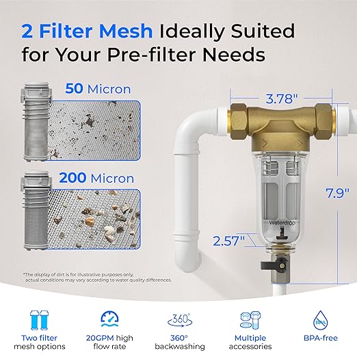 Waterdrop Spin Down Sediment Filter, Backwash Whole House Water Filter System for Well Water, 50 Micron+200 Micron, 1" MNPT + 3/4" FNPT + 3/4" MNPT, Traps Sand, BPA Free