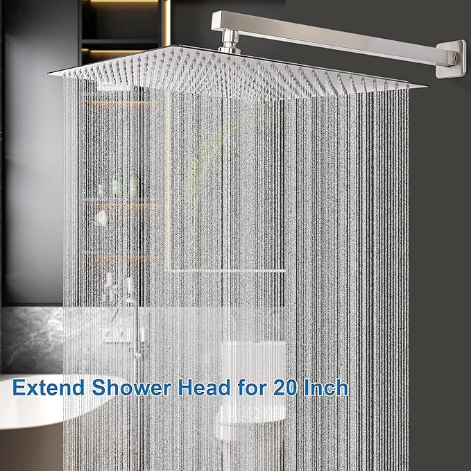 HarJue Shower Head with Extension Arm, High Pressure Square with ShowerArm, Stainless Steel Rainfall-Waterfall Full Body Coverage (16'' Shower with 20'' Arm, Brushed Nickel)