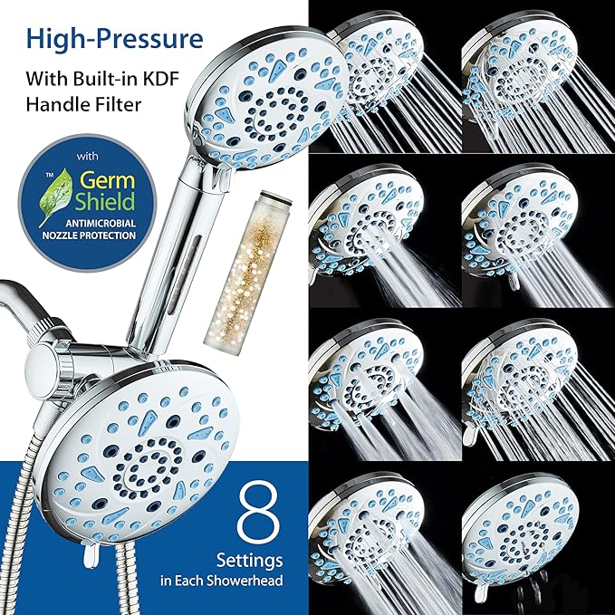 AquaCare High Pressure 6-way Dual Shower Head Combo with Built-in Filter & Power Wash - Clean Tub, Tile & Pets. Remove Chlorine, Lead & Toxins from Water to Protect Skin, Hair, & Nails. Chrome Finish