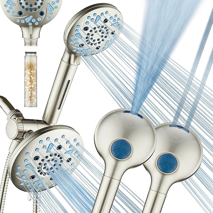 AquaCare High Pressure 6-way Dual Shower Head Combo with Built-in Filter & Power Wash - Clean Tub, Tile & Pets. Remove Chlorine, Lead & Toxins from Water to Protect Skin, Hair, & Nails. Nickel Finish