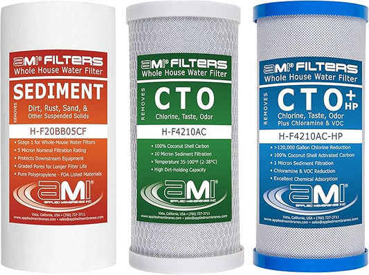 Applied Membranes Inc. 3-Stage Whole-House Water Filter Cartridge Replacements, Includes 10-Inch Sediment, Carbon, and Lead Filter Cartridges