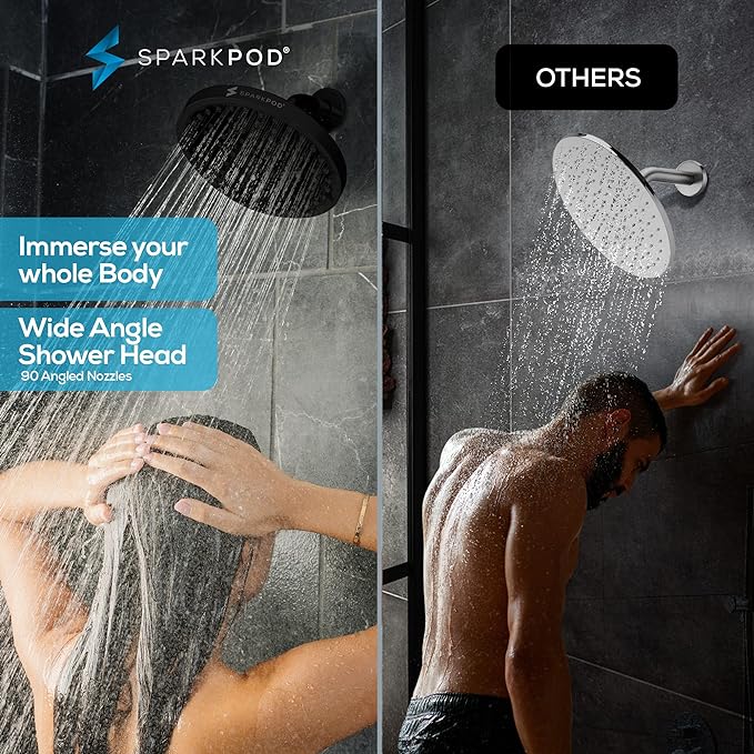 SparkPod Shower Head - High Pressure Rain - Premium Quality Luxury Design - 1-Min Install - Easy Clean Adjustable Replacement for Your Bathroom Shower Heads (Midnight Black Matte, 8 Inch Round)