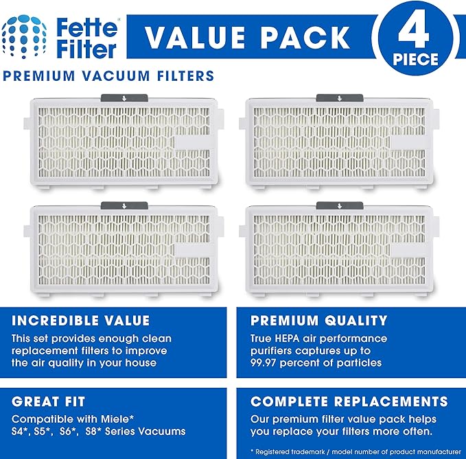 Fette Filter - HEPA Filters Compatible with Miele AirClean SF-HA 50 Filter for Model # S4, S5, S6, S8, S8000, S8999, S6000, S6999, S5000, S5999, S4000, S4999, Complete C2 & C3 (Pack of 4)