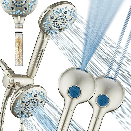 AquaCare High Pressure 6-way Dual Shower Head Combo with Built-in Filter & Power Wash - Clean Tub, Tile & Pets. Remove Chlorine, Lead & Toxins from Water to Protect Skin, Hair, & Nails. Nickel Finish