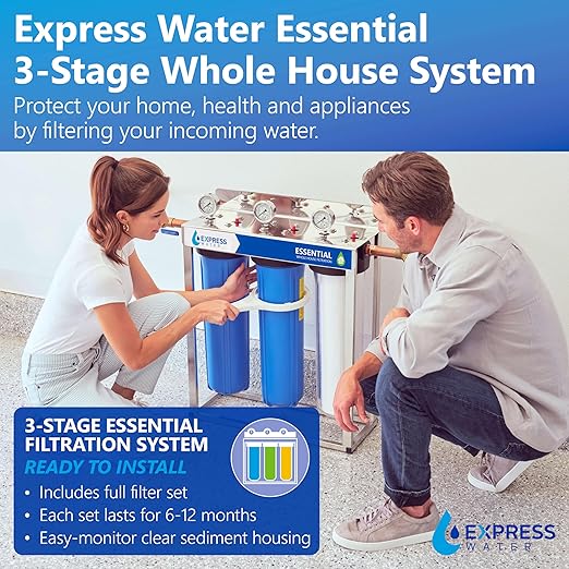 Whole House Water Filter System| ESSENTIAL | 3 Stage Water Purifier Whole Home, Top-Tier GAC, ACB Filters Produce Overachieving H2O, Significantly Reduces Chlorine & Sulfur Smell/Taste, Healtheir Skin