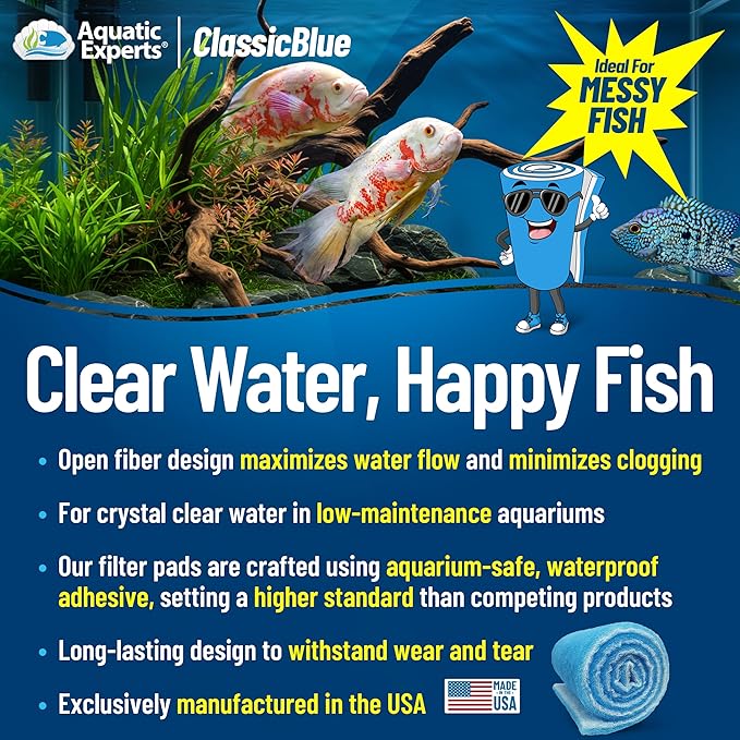 Aquatic Experts Classic Bonded Aquarium Filter Pad -12 Inches by 12 Feet by .75 Inch - Blue and White Filter Media Pad Bulk - Replacement Filter Rolls of Prefilter Floss - Made in USA